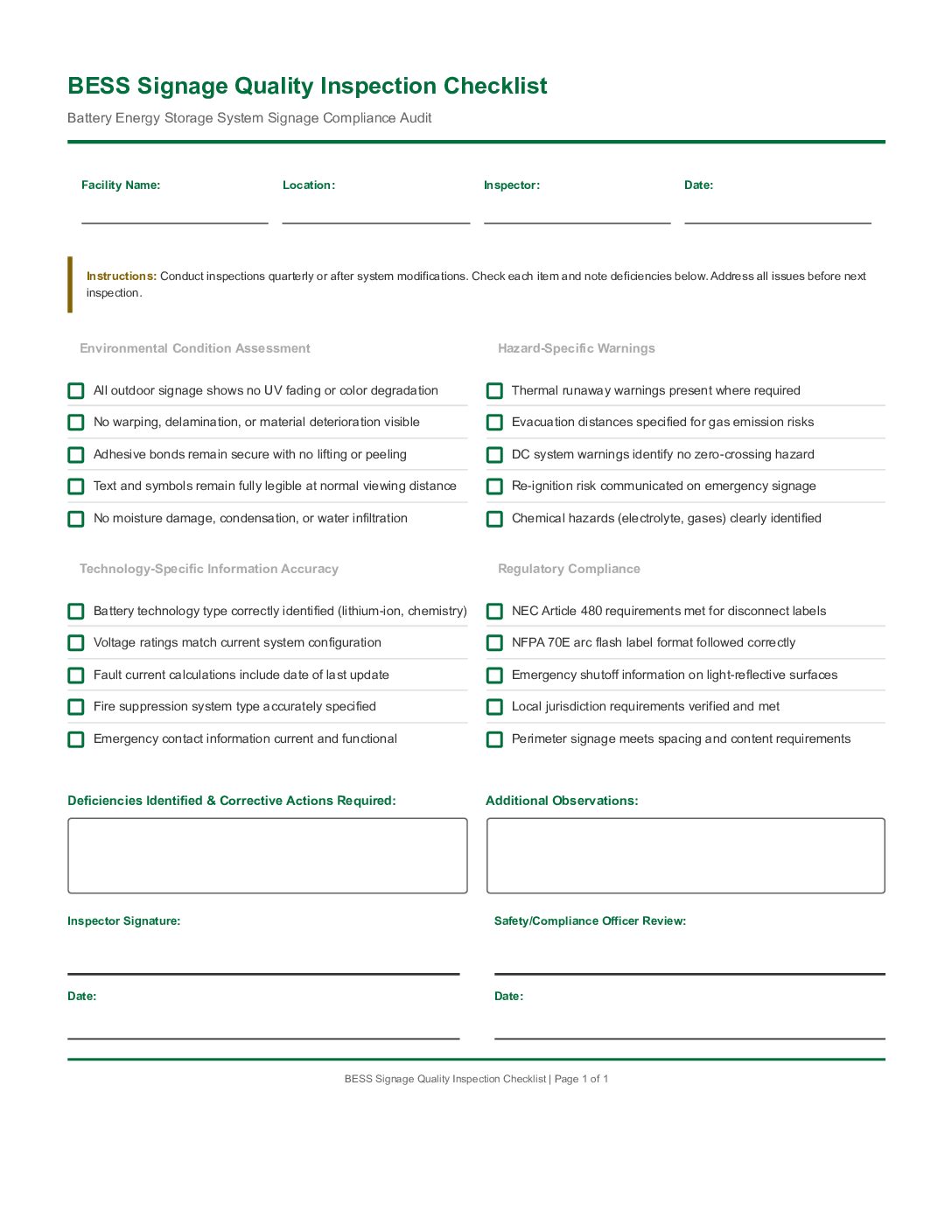 BESS Signage Quality Inspection Checklist