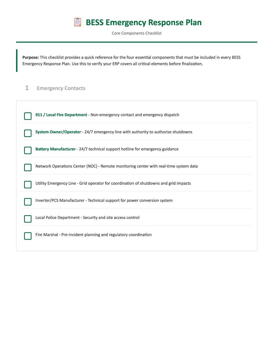 BESS Emergency Response Plan – Core Components Checklist