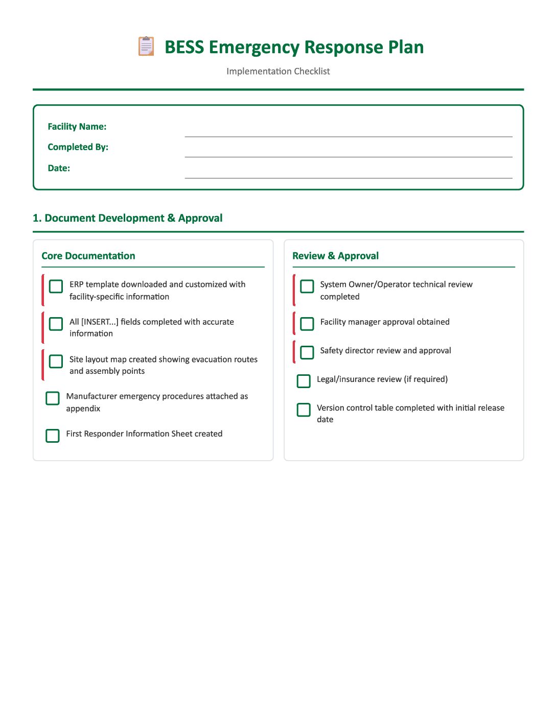 BESS Emergency Response Plan – Implementation Checklist
