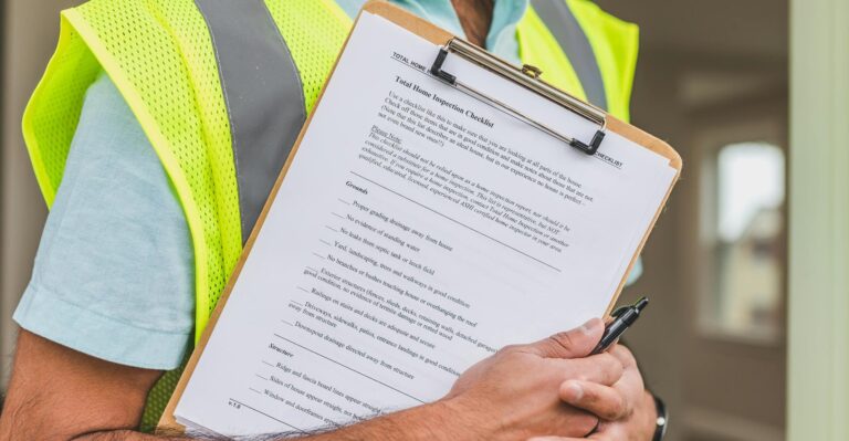 Close-up of home inspector holding a checklist on a clipboard with a pen.