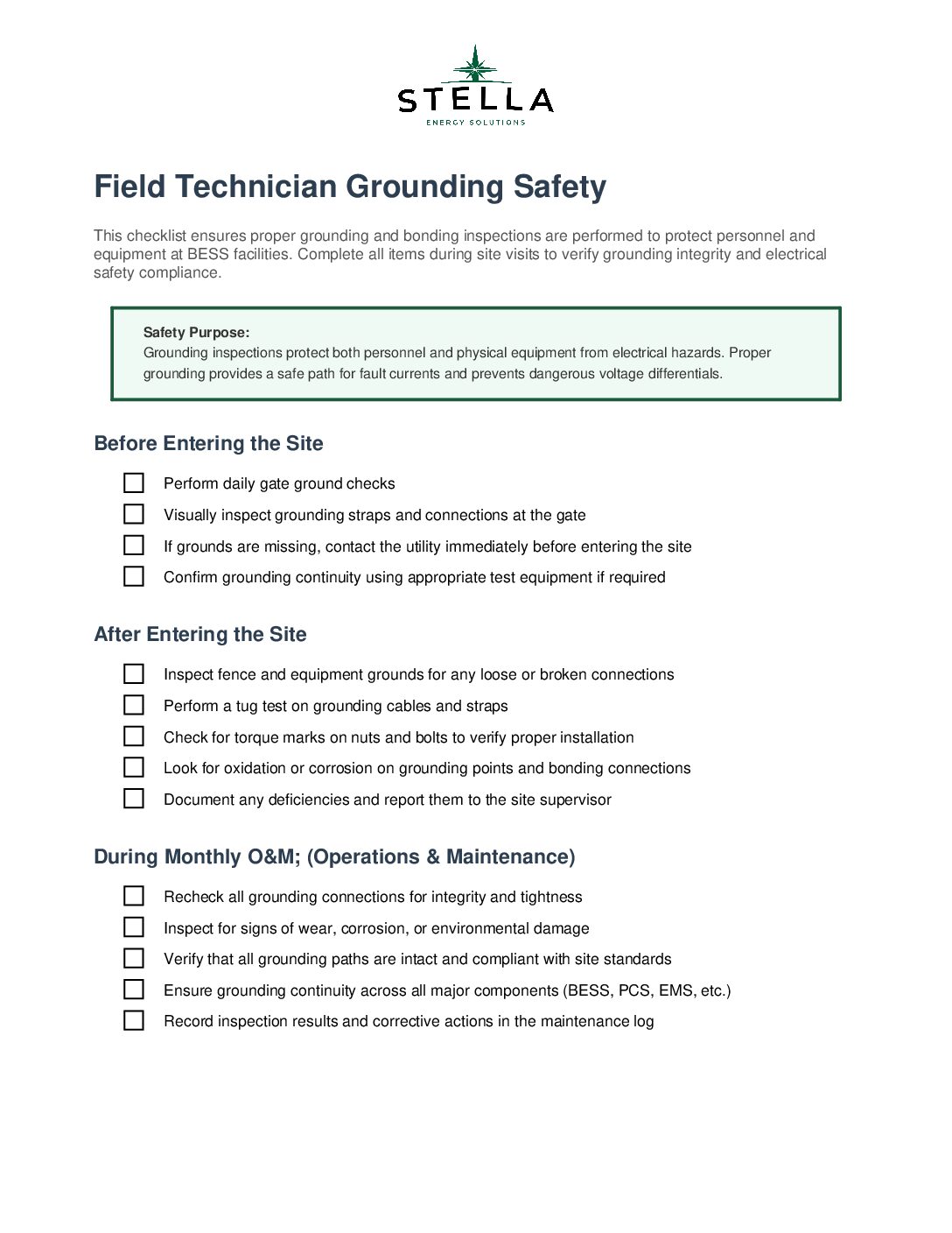 BESS Field Technician Grounding Safety Checklist
