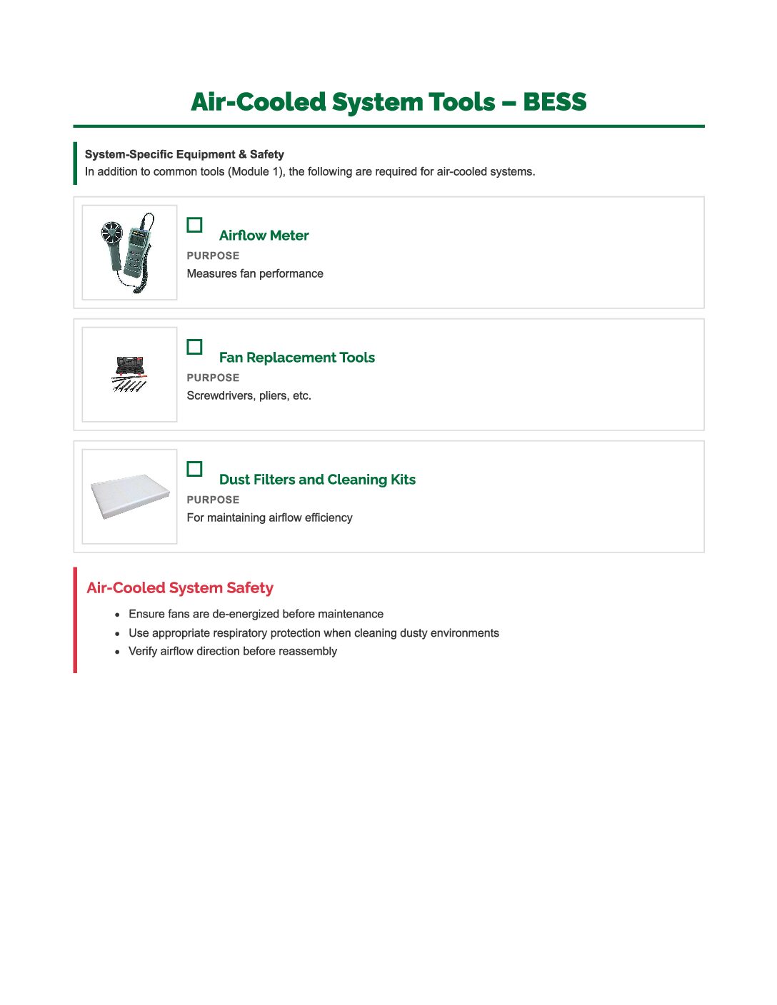 BESS Air-cooled System Tools List