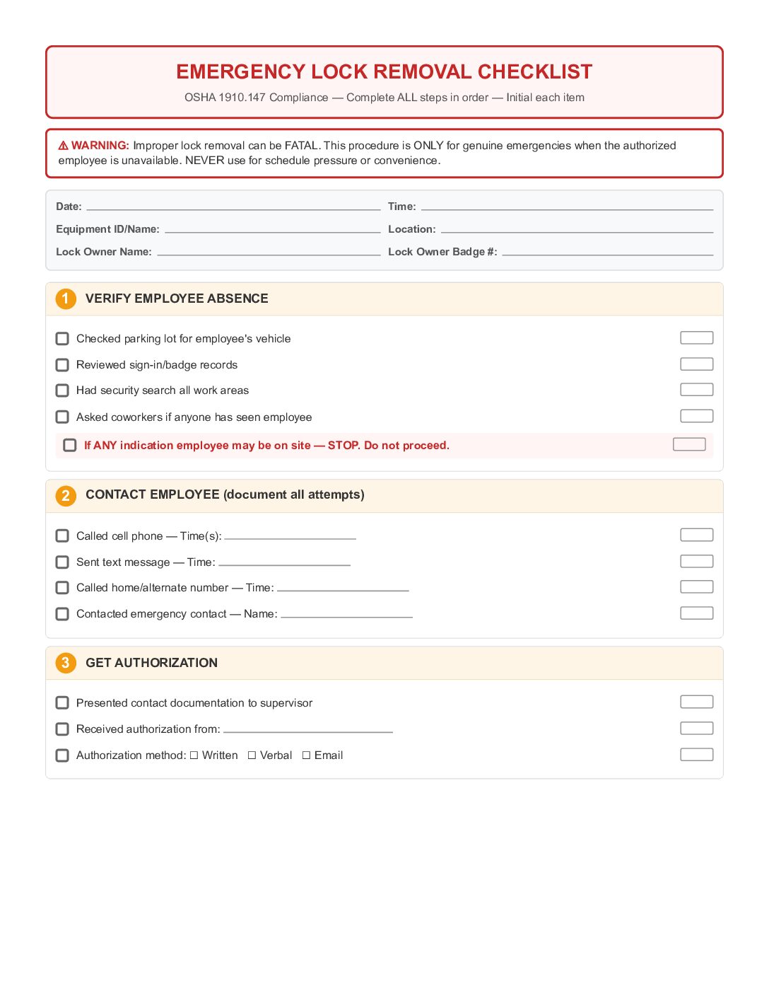 Emergency Lock Removal Checklist